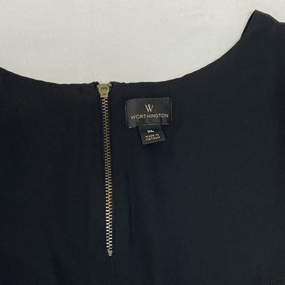 Worthington Banded Cap Sleeve Pleated Front Back Yoke Zip Top Black Green XL - Picture 11 of 12